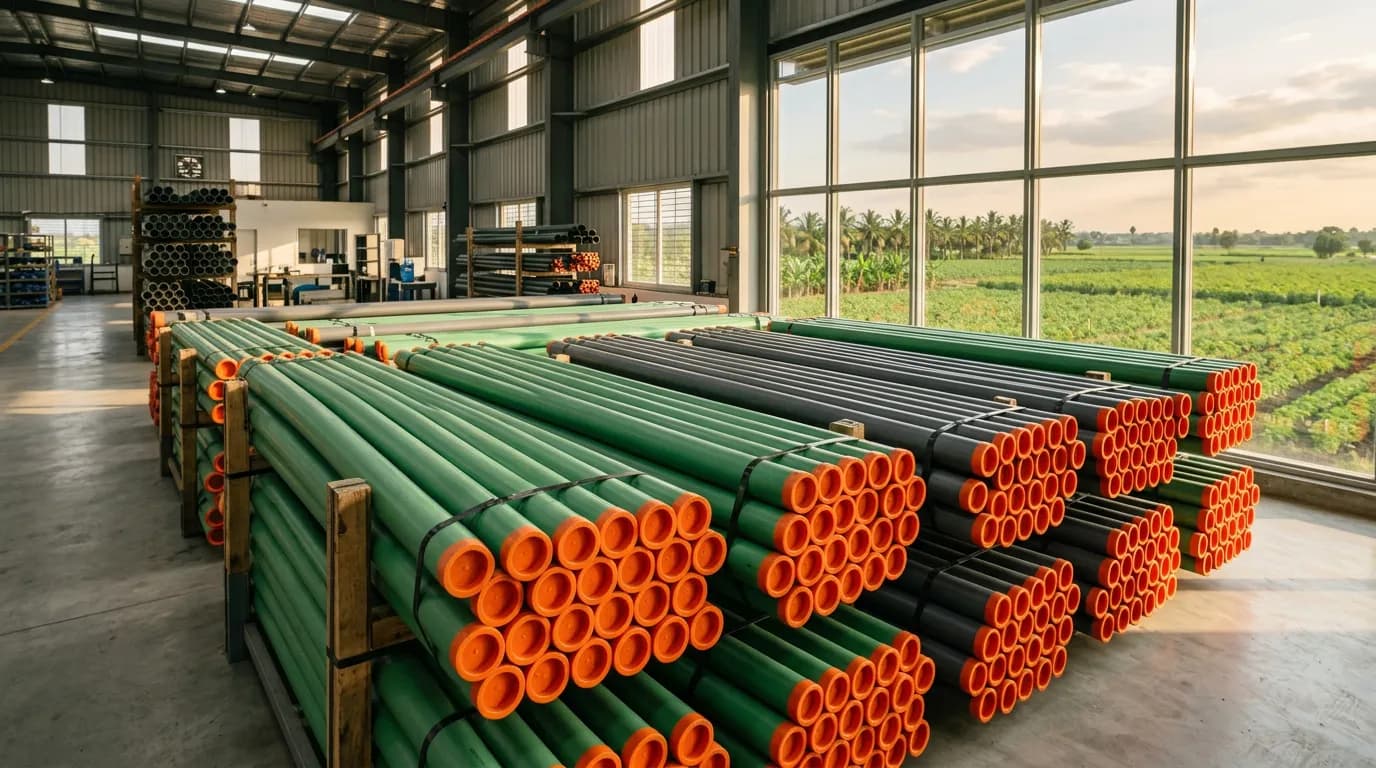 Green irrigation pipes with orange ends stacked in a manufacturing facility beside open fields